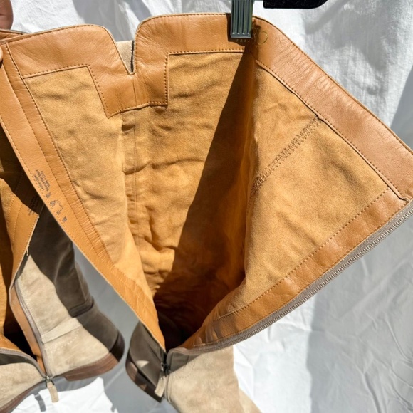 Tan real suede knee high round toe moto boots with full side zipper, and hardwar - Picture 3 of 5